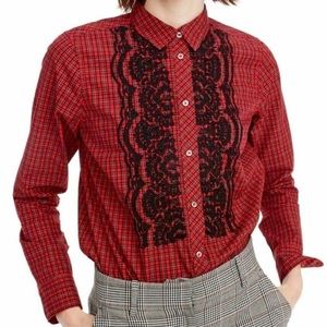 J Crew Womens Red Black Beaded Embellished Plaid Boy Shirt Top Blouse Size 4